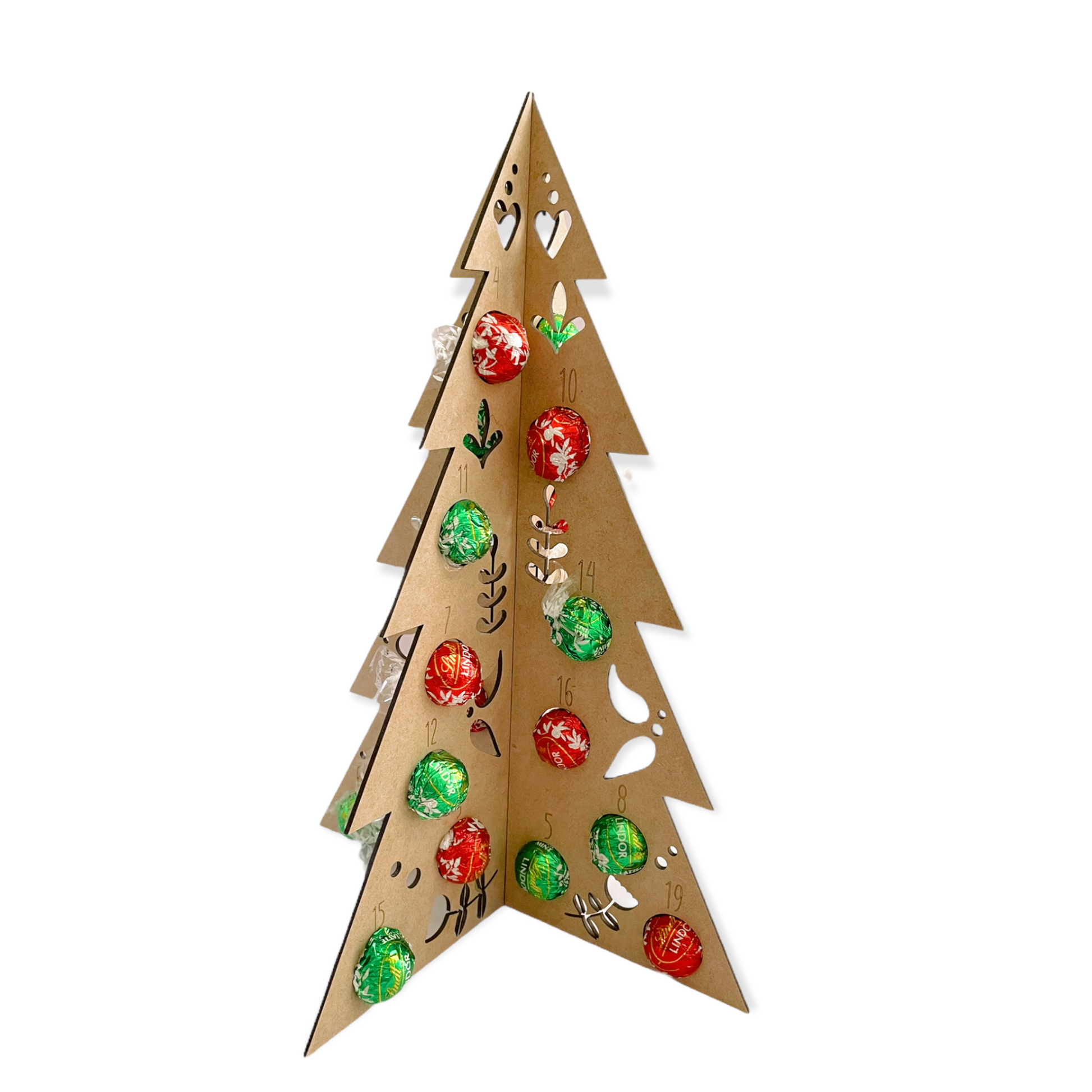 This unique Chocolate Advent Tree is the perfect way to make your holidays even sweeter! It's a wooden tree that easily assembles and contains 24 holes for Lindt chocolates (not included). Count down to Christmas with delicious truffles, making each day leading up to the big celebration even more special. Get creative and pick out your favorite Lindt flavors to fill the tree.
